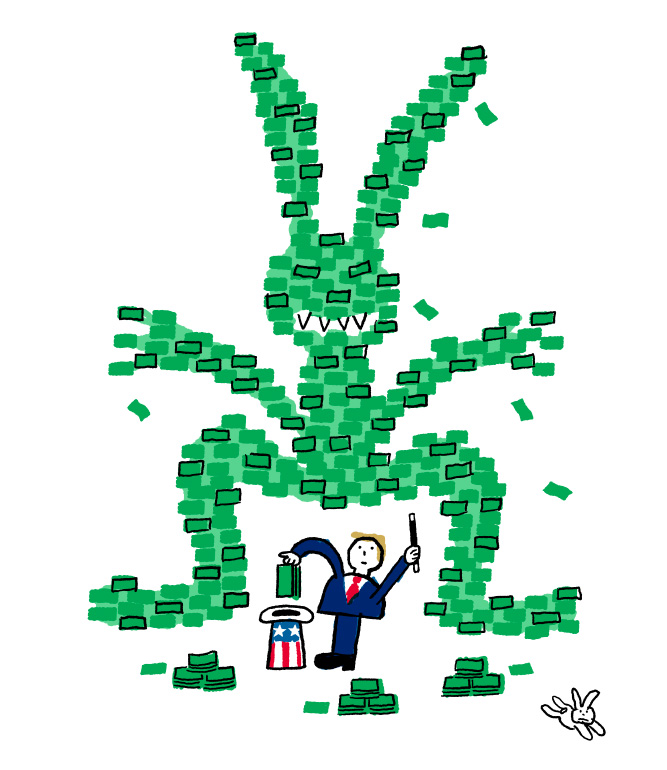 Illustration money finance cartoon fed printing dollar collapse quantative easing inflation magic rabbit monster