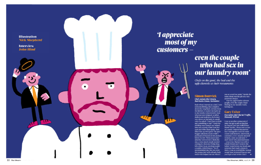 Illustration observer good food chef customers happy unhappy restaurant dining out